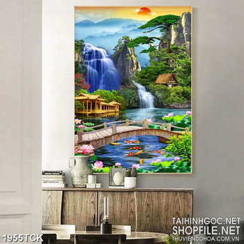 Tranh phong cảnh quanh hồ cá chép vàng sơn dầu trang trí