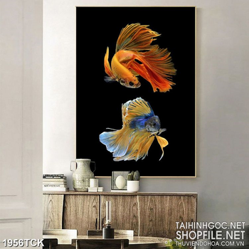 Tranh đôi cá  sim betta quẩy đuôi dài trong hồ in dán tường