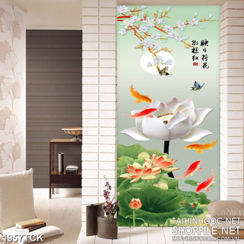 Tranh in uv sơn dầu hoa sen trắng giả ngọc dưới ánh trăng