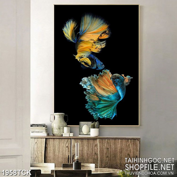 Tranh đôi cá  sim betta xinh đẹp trong hồ nước in canvas