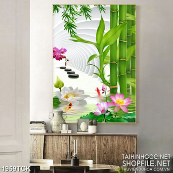 Tranh 3d sơn dầu cá chép nhảy trên mặt hồ hoa sen trắng