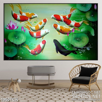 Tranh psd sơn dầu cá koi bên những chiếc lá sen xanh