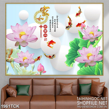 Tranh những bông sen bên đàn cá chép in treo tường