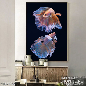 Tranh sơn dầu đôi cá  sim betta xinh đẹp dưới lòng hồ decor