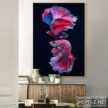 Tranh sơn dầu đôi cá  sim betta quẩy đuôi xinh đẹp in dán tường