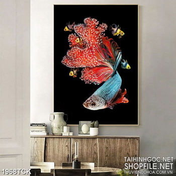 Tranh psd chiếc đuôi dài lộng lẫy của chú cá  sim betta sơn dầu