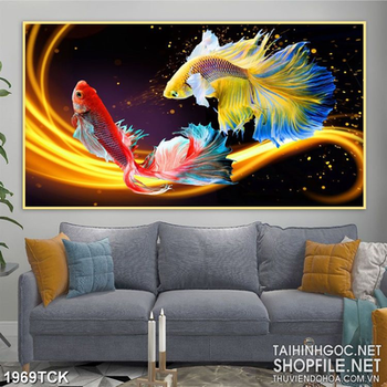 Tranh đôi cá  sim betta vượt ánh hòa quang in treo tường