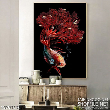 Tranh decor chiếc đuôi rực rỡ của cá  sim betta sơn dầu