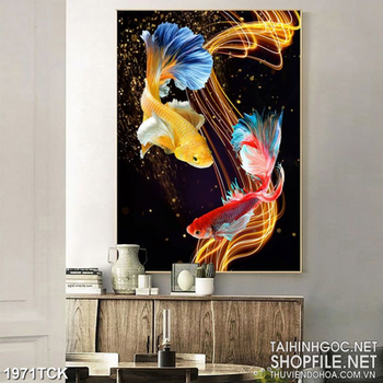 Tranh trang trí những luồng sáng vàng bên đôi cá  sim betta