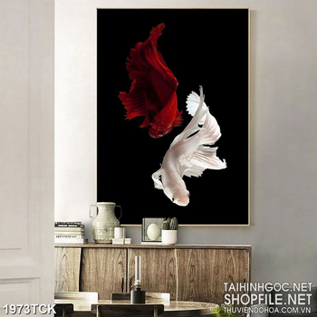 Tranh đôi cá  sim betta trắng và đỏ trên nền màu đen in uv