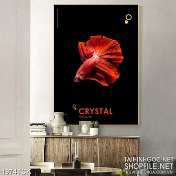 Tranh in canvas chú cá  sim betta đuôi đỏ trên nền màu đen