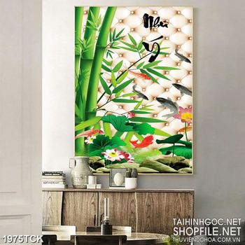 Tranh cây tre xanh trong hồ cá chép vàng sơn dầu in 3d