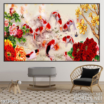 Tranh sơn dầu cá chép vàng bên vườn hoa mẫu đơn psd