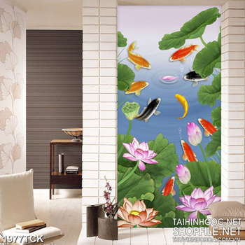 Tranh sơn dầu treo tường đàn cá chép bên cánh sen hồng