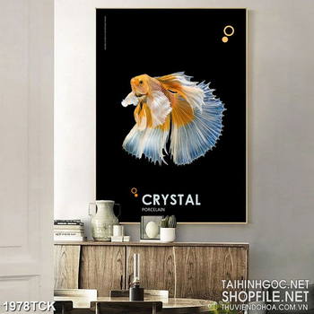 Tranh decor chú cá  sim betta vàng có chiếc đuôi xinh đẹp