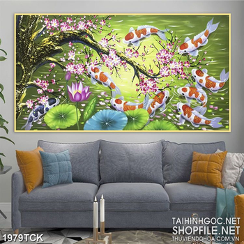 Tranh sơn dầu cá koi trong hồ dưới gốc hoa đào trang trí
