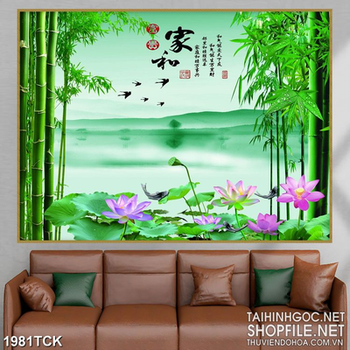 Tranh in uv khu rừng tre xanh bên hồ hoa sen sơn dầu