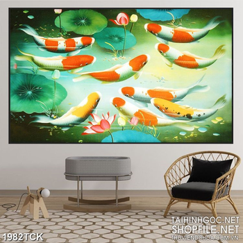 Tranh sơn dầu cá koi dưới hồ hoa sen in canvas