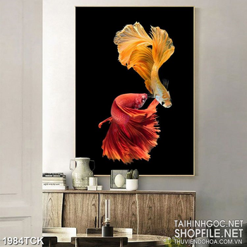 Tranh psd đôi cá  sim betta quẩy đuôi xinh đẹp trên nền đen