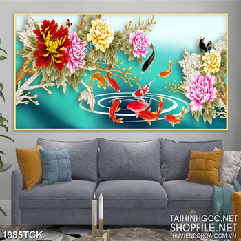 Tranh rừng hoa mẫu đơn trên hồ cá chép sơn dầu