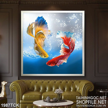 Tranh sơn dầu cá  sim betta trong dòng nước trong trang trí