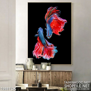 Tranh đôi cá  sim betta đuôi đỏ trên nền màu tối dán tường