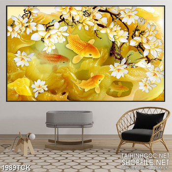 Tranh sơn dầu cá chép vàng trong hồ sen giả ngọc in uv