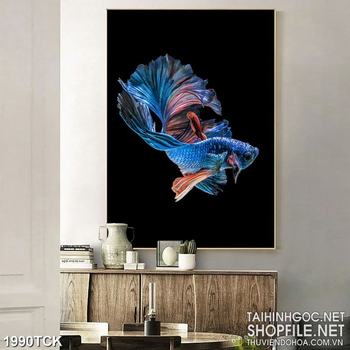 Tranh chú cá  sim betta xanh vẩy đuôi trên đêm tối in canvas