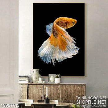 Tranh psd sơn dầu cá  sim betta với chiếc đuôi dài lộng lẫy