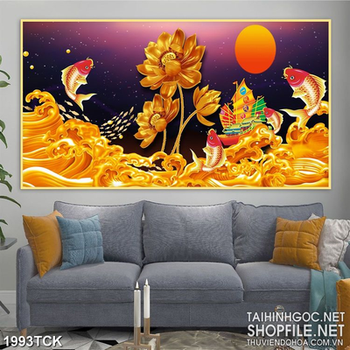 Tranh cá chép bên những bông sen vàng in treo tường