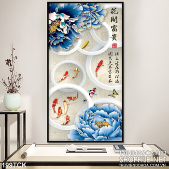 Tranh hoa sen, cá chép thư pháp