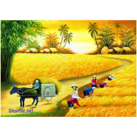 Tranh đồng quê gặt lúa, chăn trâu