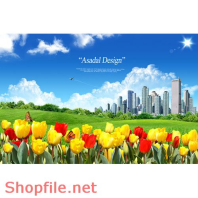 Poster tòa nhà cỏ xanh và hoa