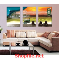 bức tranh con thuyền và cảnh hoàng hôn