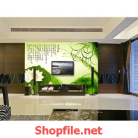 tranh dán tường hoa sen và chữ thư pháp