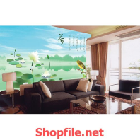 tranh dán tường chú chim và đầm sen