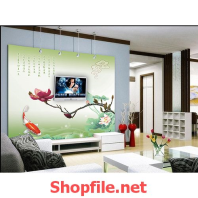 tranh dán tường hoa sen và chữ thư pháp