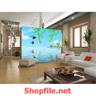 tranh dán tường chim én và hồ nước