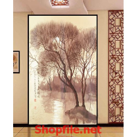 tranh dán tường cái cây lớn bên hồ nước