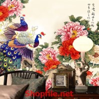 tranh dán tường chú chim và vườn hoa