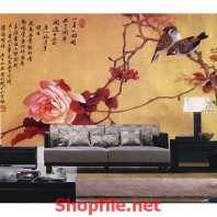 tranh dán tường bông hoa hồng và chữ thư pháp