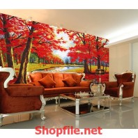 tranh dán tường rừng cây đỏ