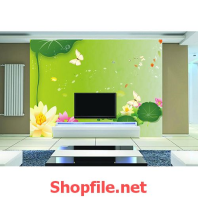 tranh dán tường lá sen hồ xanh