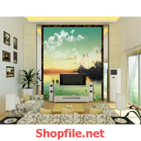 tranh dán tường cái hồ và mặt trời