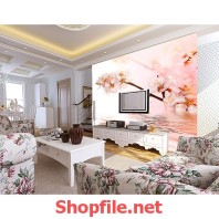 tranh dán tường cành hoa đào trên mặt hồ