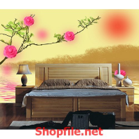 tranh dán tường nhành hoa đào trên sông