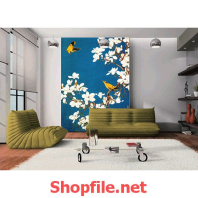 tranh dán tường cánh bướm và cây hoa đào