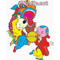 Vector múa lân và ông địa ngộ nghĩnh