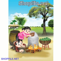 Vector cô bé đổ nước nấu bánh chưng