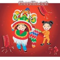 Vector cậu bé cô bé cùng múa lân